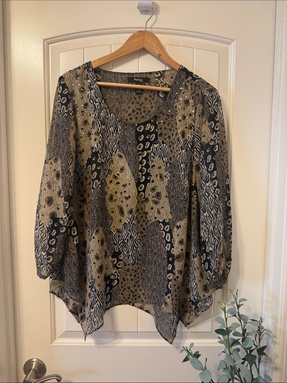 Style & Co. Black and Olive Patchwork Animal-Print Tunic Top